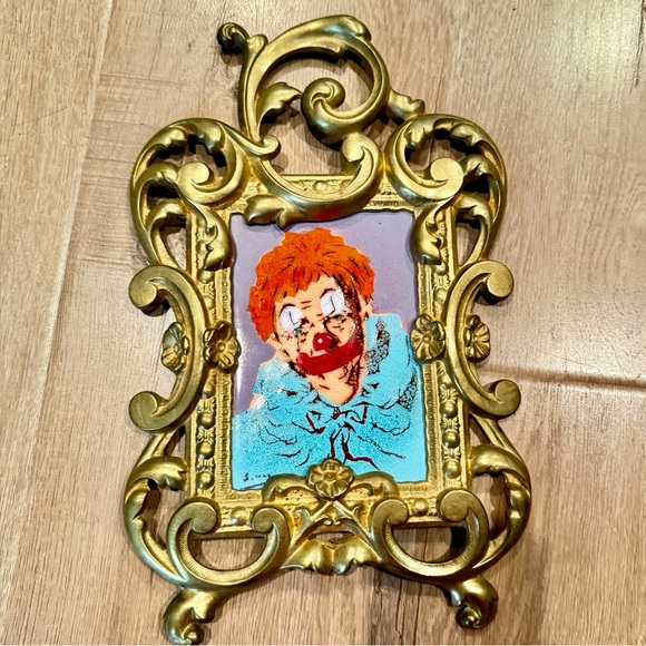 Vtg COA Art Enamel on Copper‎ Manor Signed The Clown Baroque Brass Gold Frame